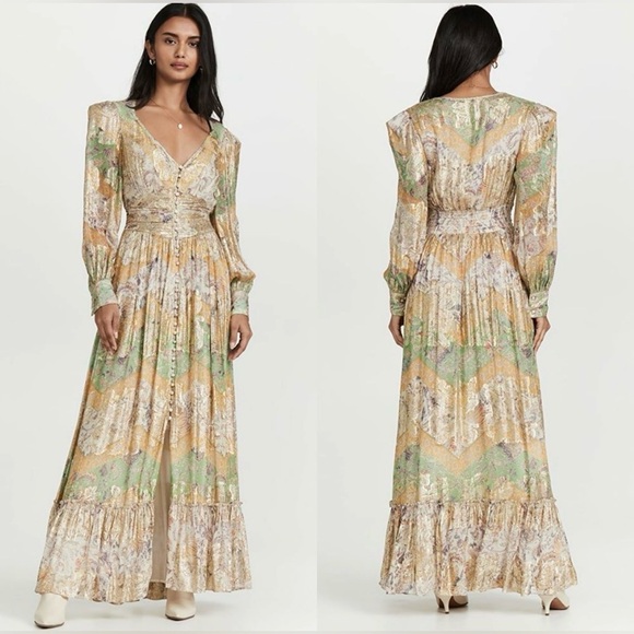 Hemant & Nandita Boho Kalon Gold Green Floral Metallic Maxi Dress Small - Picture 5 of 14
